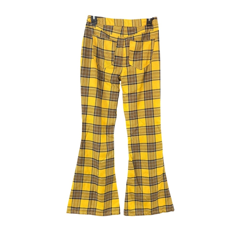 Almost Famous Yellow Black Plaid Flare Pants Women Size 5 Bell Bottom Tartan 90s